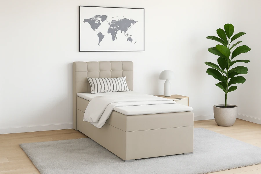Beiges Einzelbett in modernem Schlafzimmer mit grauem Teppich.