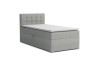 Hellgraues Boxspringbett 90x200 mit Knopfheftung am Kopfteil und praktischem Stauraum.