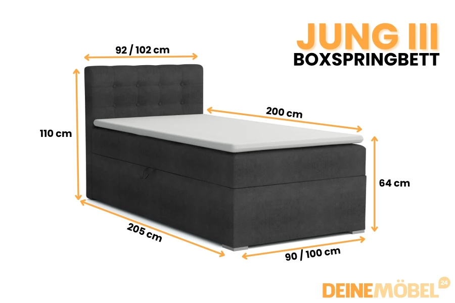 Infographic met de afmetingen van het boxspringbed Jung III: 90/100 cm breedte en 200 cm lengte.