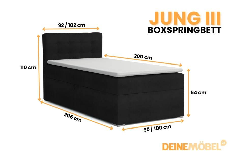 Afmetingen voor boxspringbed JUNG III: 90/100x200 cm ligoppervlak, 110 cm hoogte hoofdbord.