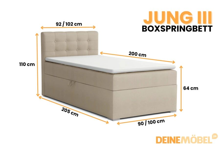 Dimensions of the Boxspring Bed JUNG III: Graphic overview of the various measurements.
