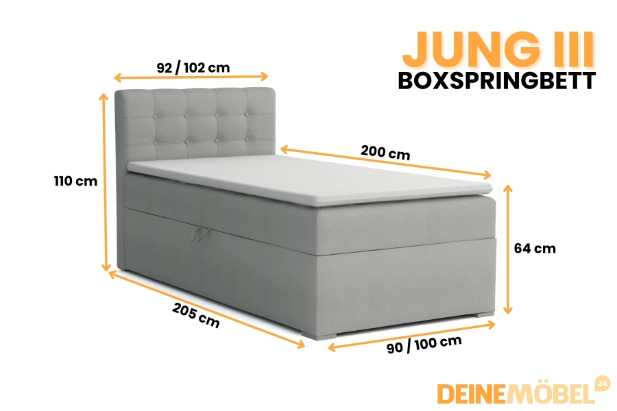 Afmetingen van het boxspringbed JUNG III met details over het ligoppervlak en de hoogte van het hoofdbord.