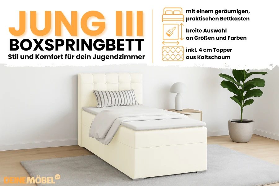 Boxspringbett JUNG III in Beige mit Bettkasten und 4cm Kaltschaumtopper fürs Jugendzimmer.