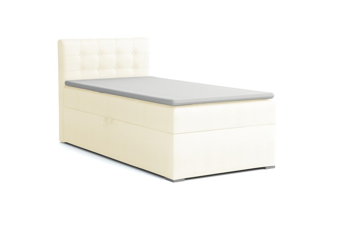 Cremefarbenes Boxspringbett 90x200 cm mit gepolstertem Kopfteil und grauem Topper