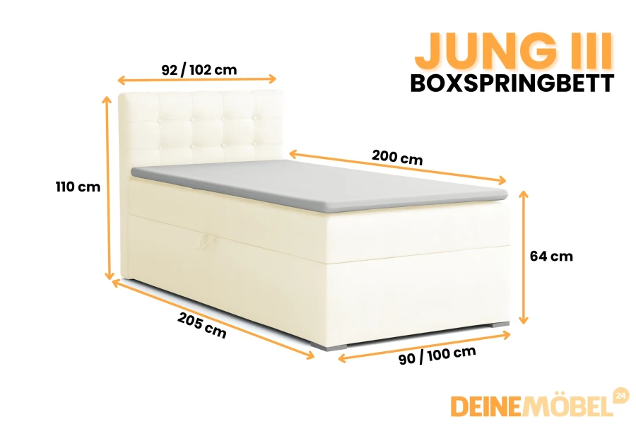 Boxspringbett Jung III in Beige: Detaillierte Maße und Abmessungen für Kopfteil, Liegefläche und Höhe.