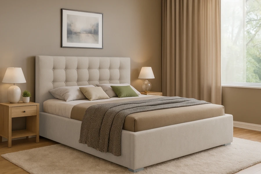 Beiges Polsterbett mit gestepptem Kopfteil in einem gemütlichen Schlafzimmer.