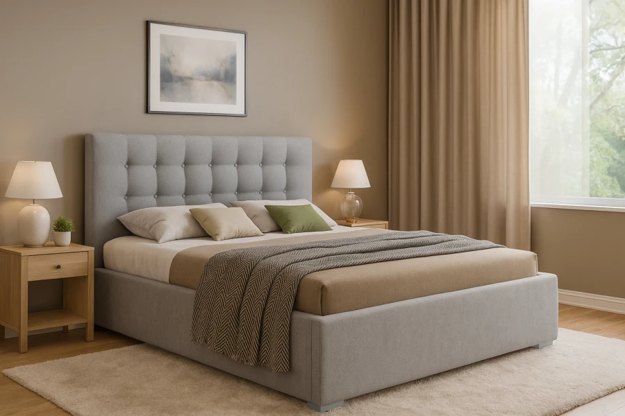 Modernes graues Polsterbett mit hohem Kopfteil in stilvollem Schlafzimmer.