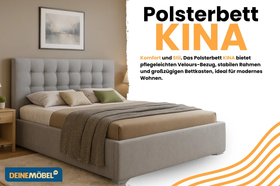 Modernes Polsterbett KINA in Hellgrau mit gestepptem Kopfteil im Schlafzimmer.
