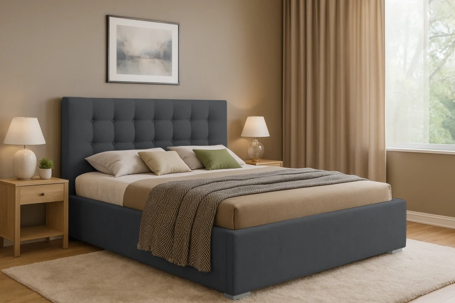 Polsterbett KINA in Anthrazit in einem stilvoll eingerichteten Schlafzimmer.