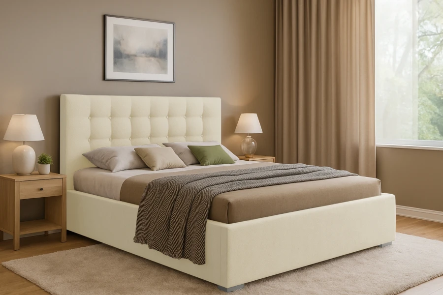 Helles beiges Polsterbett mit stilvoller Knopfheftung im Schlafzimmer.