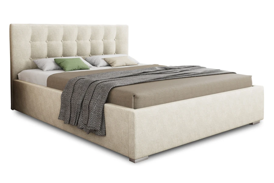Modernes Polsterbett in Beige mit gestepptem Kopfteil für ein gemütliches Schlafzimmer.