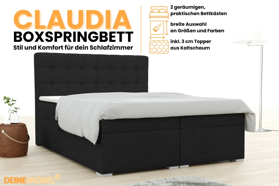 Boxspringbett Claudia Anthrazit mit Bettkasten, Topper & gestepptem Kopfteil – Komfort fürs Schlafzimmer.