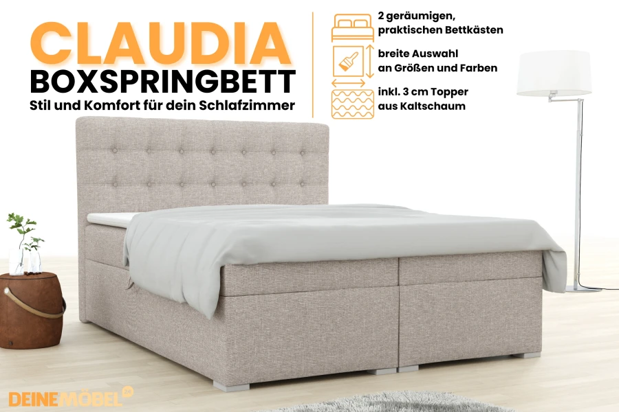 Boxspringbett Claudia: Komfortables Bett mit 2 Bettkästen und inkludiertem Kaltschaum-Topper.