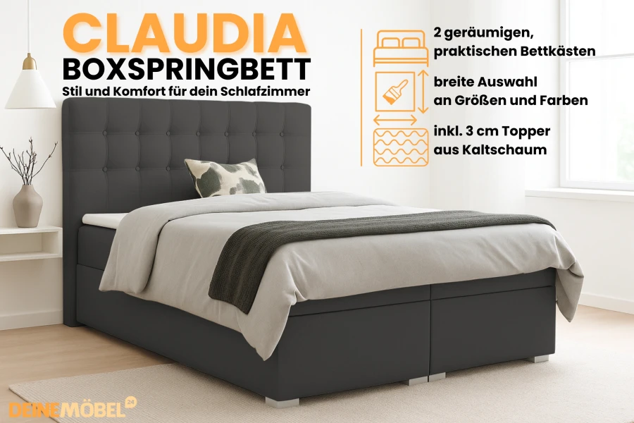 Claudia Boxspringbett in Dunkelgrau mit Bettkasten und Topper von DeineMöbel24.