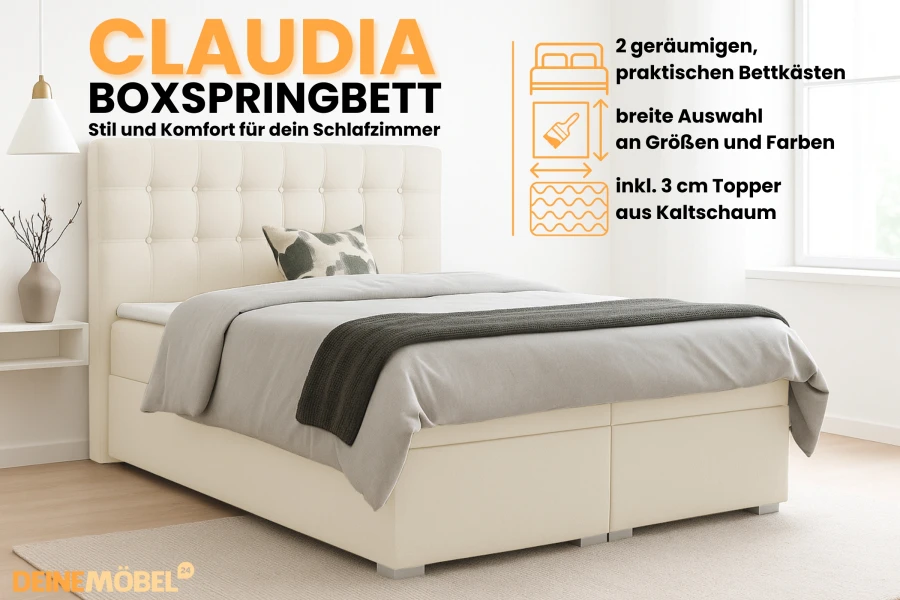 Beiges Boxspringbett Claudia mit Bettkasten und Topper für stilvolles Schlafen.