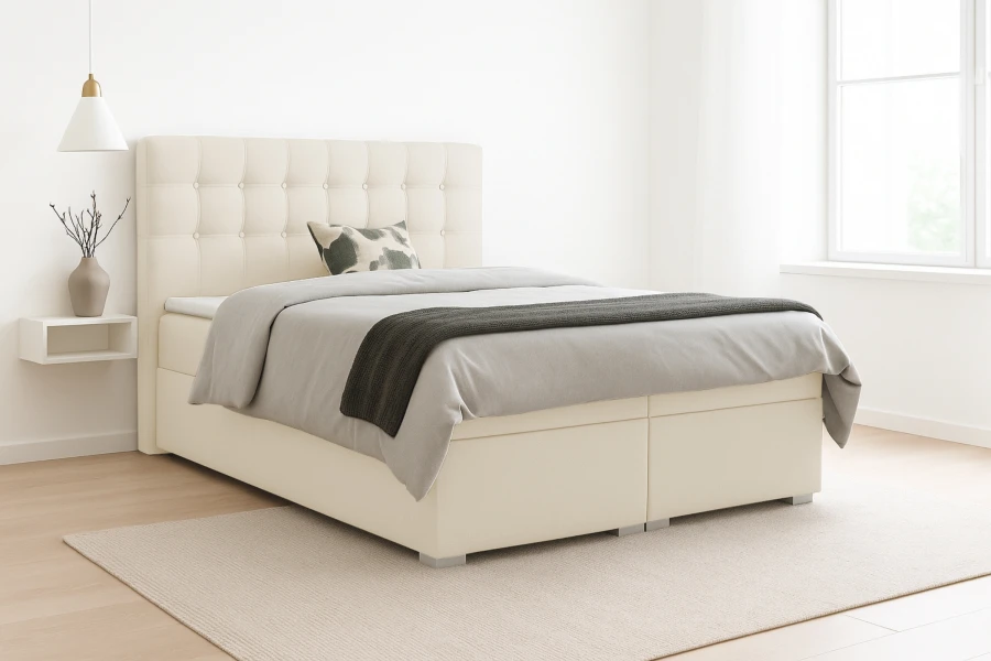 Stilvolles Boxspringbett Claudia in Beige mit elegantem gestepptem Kopfteil in einem hellen, modernen Schlafzimmer.