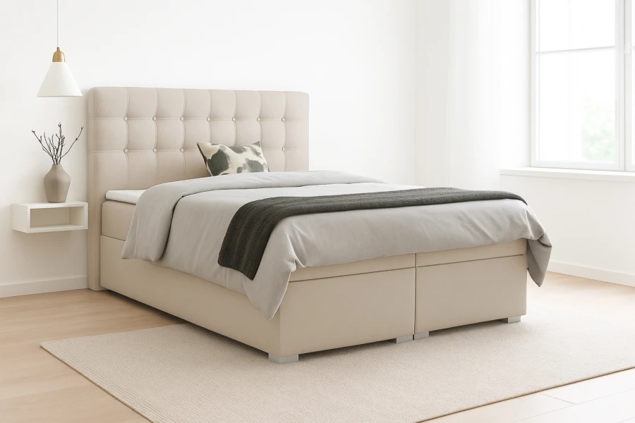 Beiges Boxspringbett mit gepolstertem Kopfteil in einem hellen, modern eingerichteten Schlafzimmer.