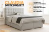 Übersicht der Features des Boxspringbetts Claudia wie Bettkasten, Kaltschaum-Topper und Farbauswahl.