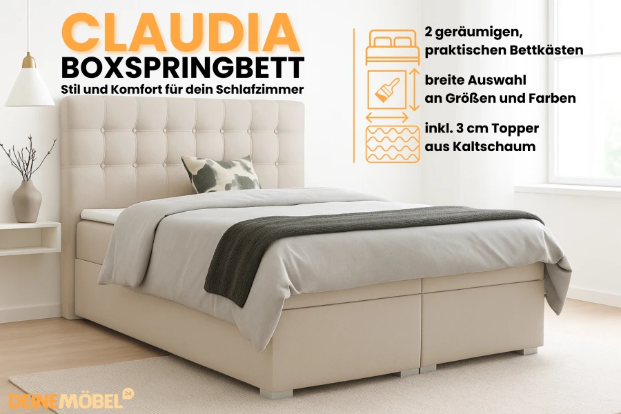 Modernes Boxspringbett Claudia im Schlafzimmer mit Info-Highlights zu Topper und Bettkasten.