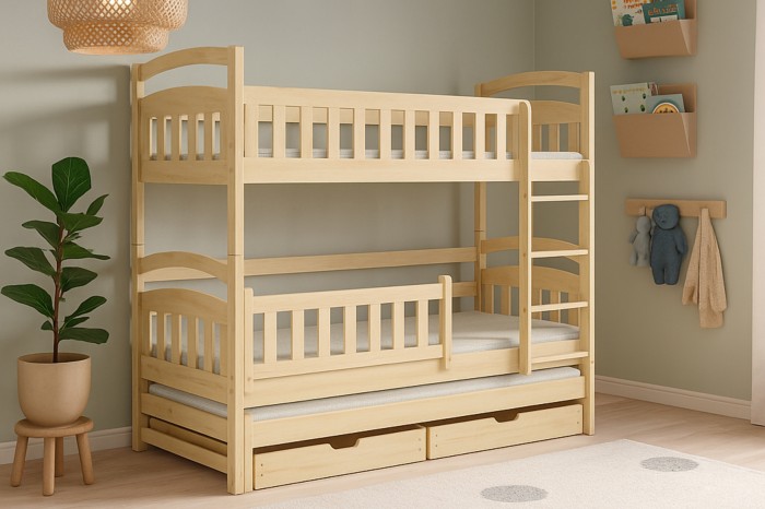 Stable bunk bed made of light solid wood with additional pull-out bed and storage space.