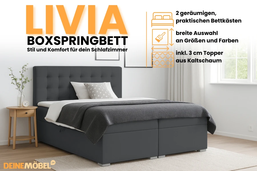 Livia Boxspringbett in Dunkelgrau mit Bettkasten und Kaltschaum-Topper für das Schlafzimmer.
