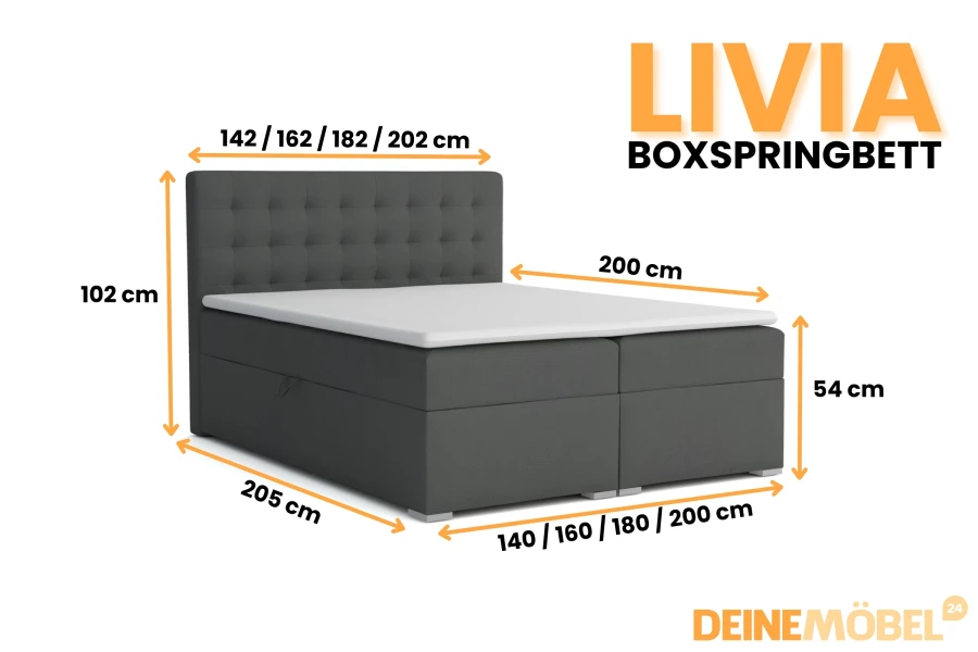 Maße und verfügbare Größen für das Livia Boxspringbett in der Übersicht.