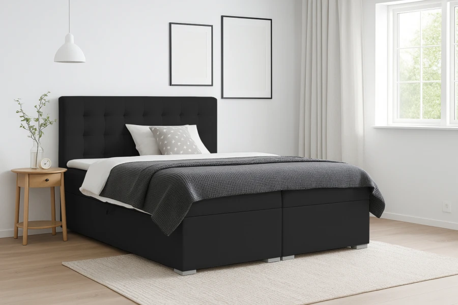 Schwarzes Boxspringbett Livia stilvoll eingerichtet in einem modernen Schlafzimmer.