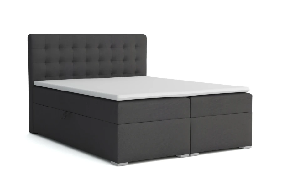 Dunkelgraues Boxspringbett mit Stauraum und gestepptem Kopfteil auf weißem Hintergrund.