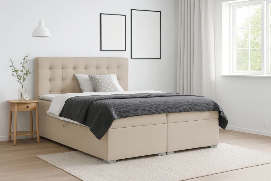 Beiges Boxspringbett im modern eingerichteten Schlafzimmer