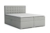 Graues Boxspringbett mit großem Bettkasten und gepolstertem Kopfteil, freigestellt.