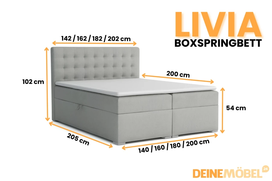 Maten en afmetingen van het grijze boxspringbed Livia met gestoffeerd hoofdbord.
