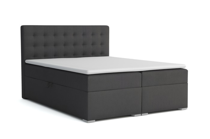 Antracietkleurig boxspringbed Livia met geïntegreerde bedbox en witte topper op een witte achtergrond.