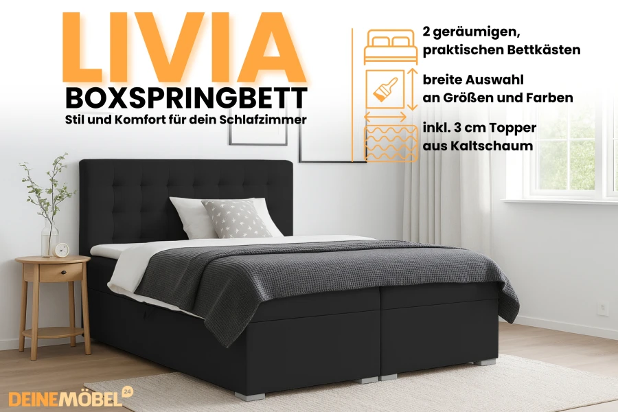 Livia boxspringbed in zwart met twee opbergruimtes en 3 cm koudschuimtopper voor hoog slaapcomfort.