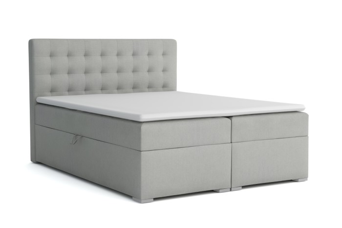 Vrijstaand boxspringbed LIVIA in grijs met matras, topper en gestoffeerd hoofdbord.