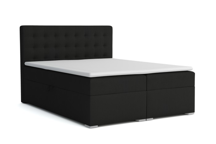 Modern boxspringbed in zwart met gecapitonneerd hoofdbord en witte topper op een witte achtergrond.