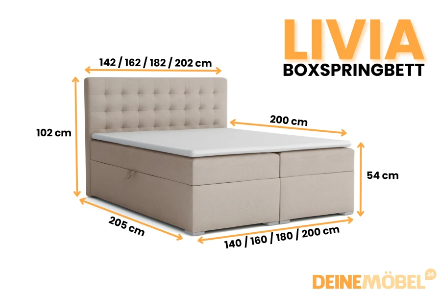 Maatschets voor het Livia boxspringbed: Alle afmetingen en beschikbare breedtes in één oogopslag.