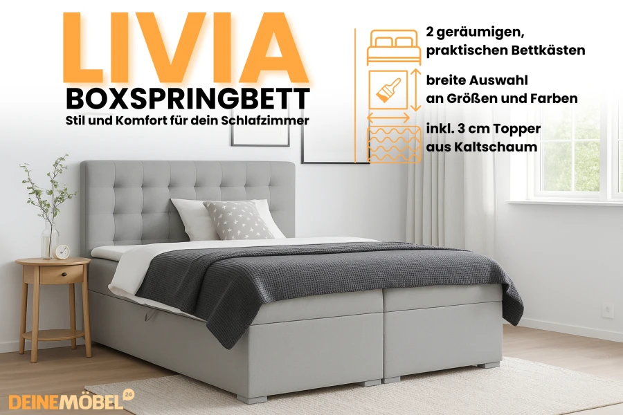 Livia boxspringbed highlights: 2 bedbakken, koudschuimtopper en verschillende kleuren en maten.