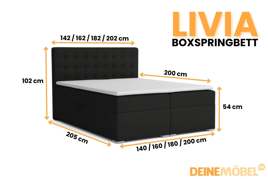 Afmetingen van het Livia boxspringbed: overzicht van de beschikbare maten en afmetingen.