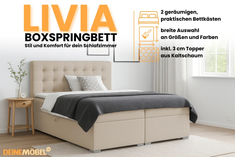 Livia boxspringbed in beige met praktische opbergboxen en topper voor de slaapkamer.