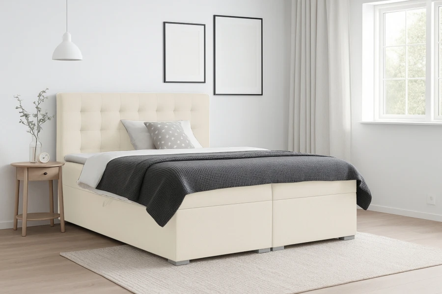 Elegantes beiges Boxspringbett Livia im hell eingerichteten Schlafzimmer mit Dekoration.