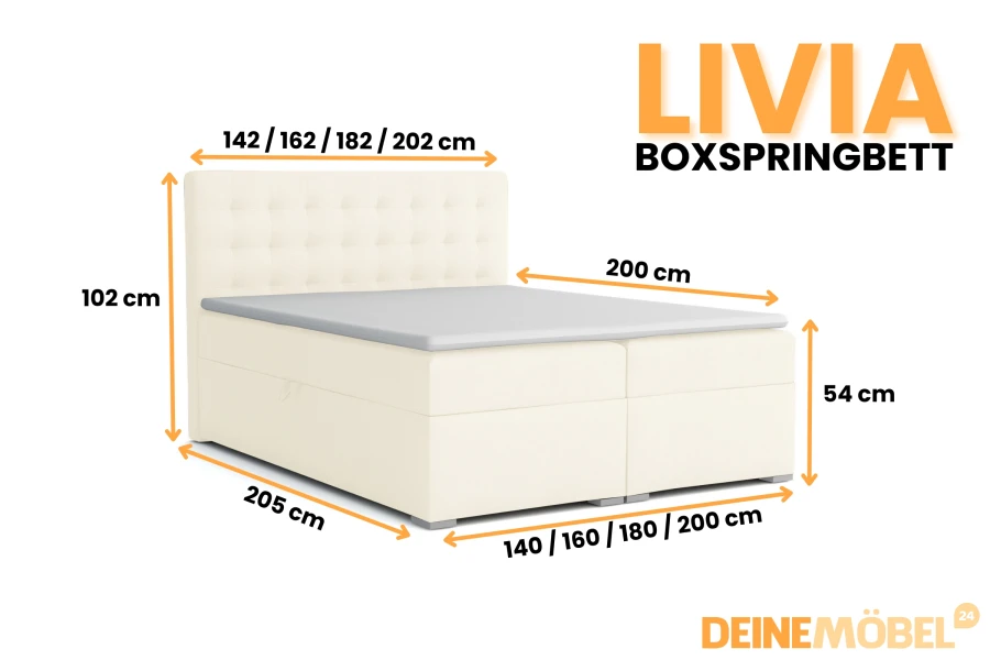Maßangaben und Abmessungen für das Livia Boxspringbett.
