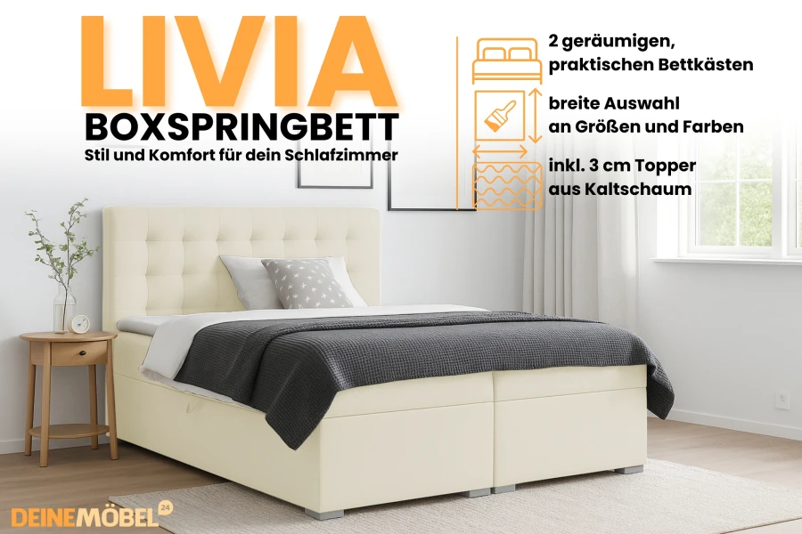 Modernes Boxspringbett LIVIA in Beige mit gestepptem Kopfteil und praktischen Bettkästen für Komfort.