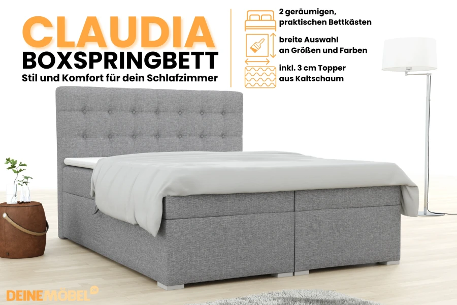Boxspringbett Claudia: Stilvolles graues Bett mit zwei Bettkästen und inklusiv Kaltschaum-Topper.