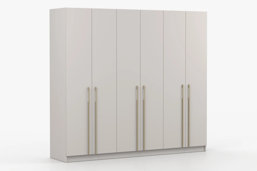 Moderner 6-türiger Kleiderschrank in Beige mit schmalen goldenen Griffen.