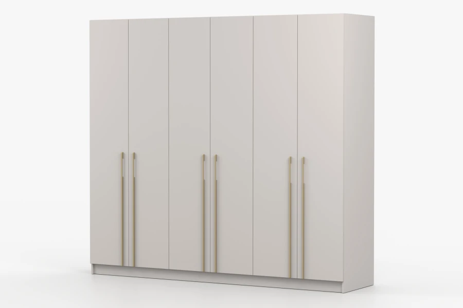 Moderner cremefarbener Kleiderschrank mit schlanken Goldgriffen, Seitenperspektive.
