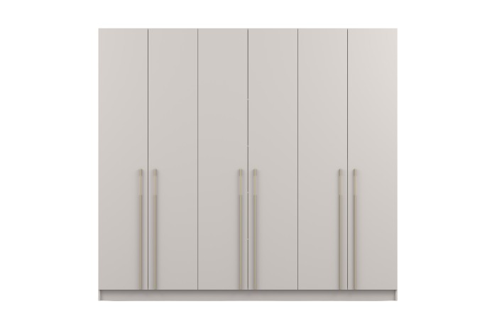 6-türiger Kleiderschrank in Beige mit minimalistischen Goldgriffen, direkte Frontalansicht.