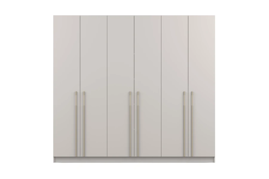 6-türiger Kleiderschrank in Beige mit minimalistischen Goldgriffen, direkte Frontalansicht.