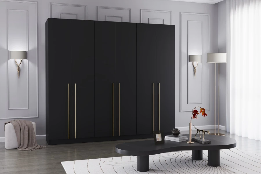 Luxuriöser schwarzer 6-türiger Kleiderschrank mit goldenen Griffleisten im modernen Wohnzimmer.
