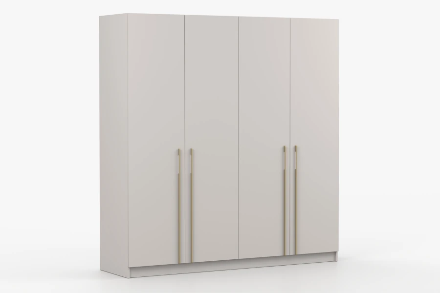 Hellgrauer 4-türiger Kleiderschrank mit minimalistischen goldenen Griffen, Seitenansicht freigestellt.