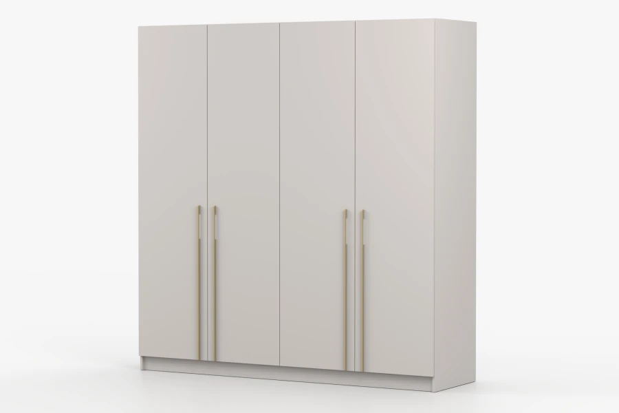 Moderner 4-türiger Kleiderschrank in Beige mit langen goldenen Griffen, perspektivische Ansicht.